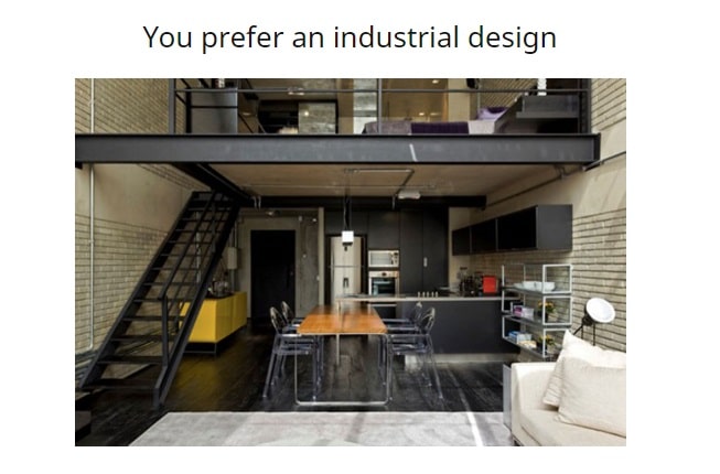 A modern loft flat showcases the latest interior design trend with exposed brick walls, black metal stairs to a mezzanine, a wooden dining table, black kitchen cupboards, and minimalistic furniture. Text above reads, "You prefer an industrial design.