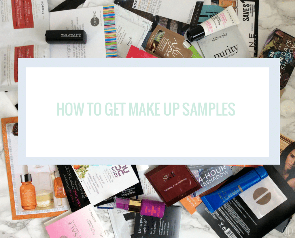 A variety of makeup and skincare sample sachets spread out on a marble surface, with a large white box in the centre displaying the text "How to Get Free Makeup Samples" in light green letters.