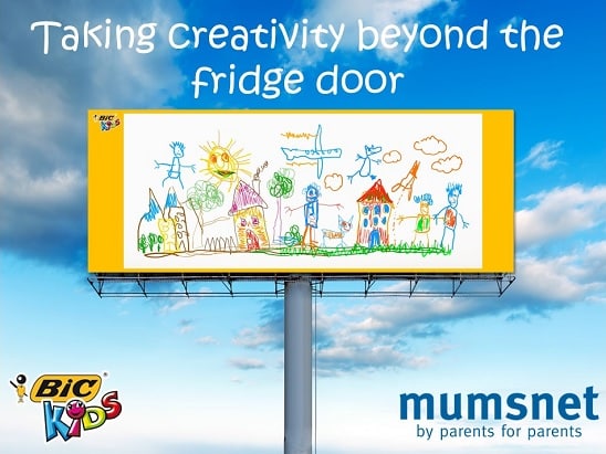 A billboard displays a colourful children's drawing of houses, trees, people, and the sun under the text, "Taking creativity beyond the fridge door." BIC Kids and Mumsnet logos are featured at the bottom.
