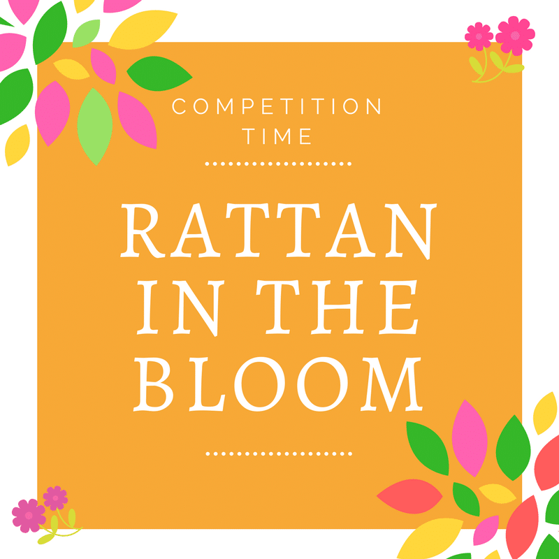 Square orange graphic with colourful leaves and small pink flowers in the corners. White text in the centre reads: “Competition Time: Rattan in the Bloom – win a £500 Rattan Direct voucher.”.