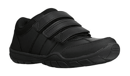 A black trainer with two Velcro straps, textured sole, and a low-cut design—perfect for back to school essentials—viewed from the front side.