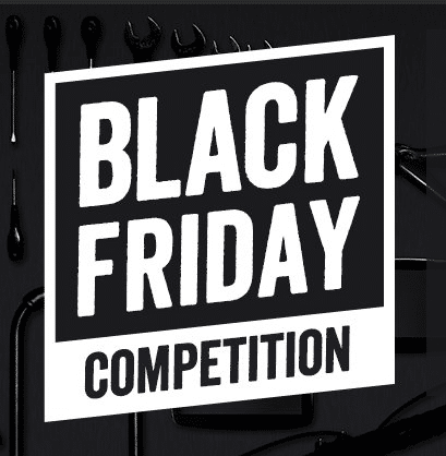 Bold white text on a black background reads "Halfords Black Friday Competition", with faint outlines of tools in the background, inviting you to enter for a chance to win.