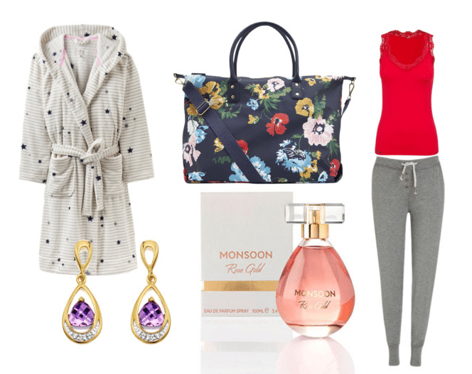 A cosy outfit perfect for any Christmas Gift Guide, featuring a star-patterned dressing gown, floral handbag, red lace-trimmed vest top, grey joggers, gold and purple drop earrings, and a bottle of Monsoon Rose Gold perfume.