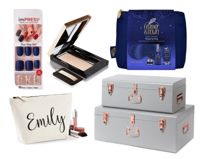 A collection of beauty and self-care gifts, perfect for a Christmas Gift Guide, featuring stick-on nails, a pressed powder compact, a blue toiletry bag set, a personalised "Emily" make-up bag, and stacked grey storage cases with rose gold accents.