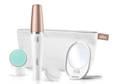 A Braun facial cleansing and beauty device set with a white and rose gold tool, two interchangeable brush heads, a round mirror, and a textured white carrying pouch—perfect for Christmas Presents or featured in any Gifts for Women guide.