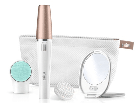 Win Braun FaceSpa: a facial hair removal and cleansing kit featuring a white and rose gold epilator, two brush attachments, a round mirror, and a textured white zip pouch.