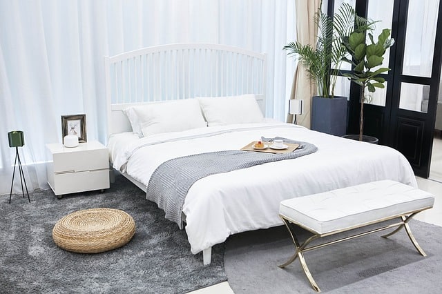 Modern bedroom design with a white bed, grey blanket, bedside table with photo frame, potted plants, round woven cushion, grey rug, and a bench at the foot of the bed. Tray with cups and food rests on the bed for an easy bedroom makeover.