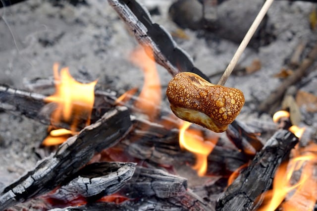 A golden-brown marshmallow on a stick is being roasted over an open campfire with glowing flames and charred wood—perfect for camping with a large family after arriving in your trusty family camping car.