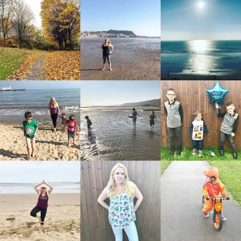 A collage of nine photos captures 2017: autumn trees, people at the beach, a sunlit sea, children playing, kids with balloons, a woman doing yoga, a woman posing, and a child riding a bike—a vibrant Year In Review.
