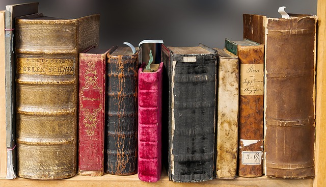 A row of old, worn books with various coloured and textured covers, some with visible handwritten labels, stands upright on a wooden shelf—an inviting scene for any World Book Day or UK favourite bedtime story.