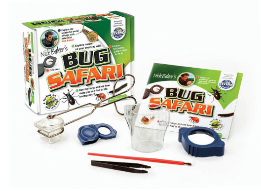Bug Safari kit with packaging, a plastic container, magnifying glass, tweezers, viewing pots, and bug-catching tools arranged on a white surface. The Win My Living World box features images of insects and exploration illustrations.