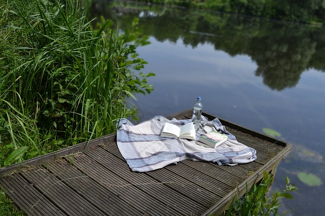 A striped blanket with open books, a notebook, and a water bottle rests on a wooden jetty by a calm lake—perfect inspiration for planning family outings surrounded by green plants and trees reflected in the water.