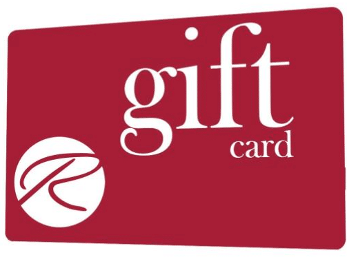A red gift card featuring a white circular logo with a stylised "R" on the left and the words "gift card" in large, elegant white font on the right—perfect for Birthday Gift ideas, especially for Mum.