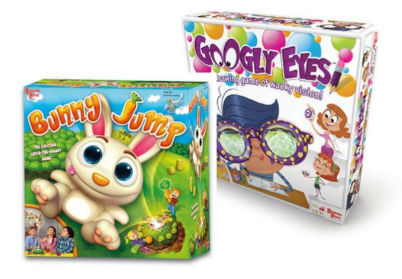 Two colourful board game boxes from University Games: “Bunny Jump,” featuring a cute cartoon bunny, and “Googly Eyes,” showing a character with wacky glasses as children laugh in the background—a fun Games Duo to win games night!.