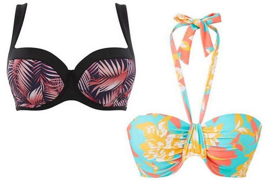 Two bikini tops: one with black straps and a pink and purple palm leaf pattern, and the other with a halter neck, turquoise background, and orange and yellow floral design from our vibrant plus size swimwear collection.