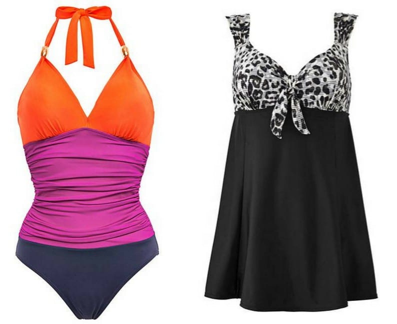 Two women's swimming costumes: one is a one-piece with orange, purple, and navy colour blocks and a halter neck; the other is a black plus size swim dress with a black-and-white leopard print top and tie detail at the front.