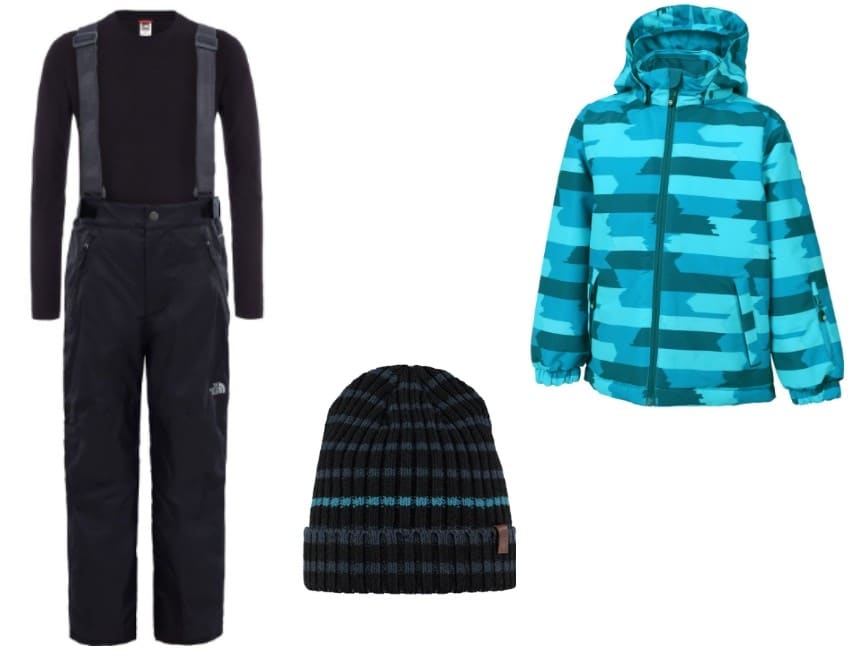 Perfect for Fearless Families, this set includes black ski trousers with braces, a black long-sleeve top, a blue and turquoise striped jacket, and a matching knitted beanie—ideal for Extreme Adventure Sports UK outings.