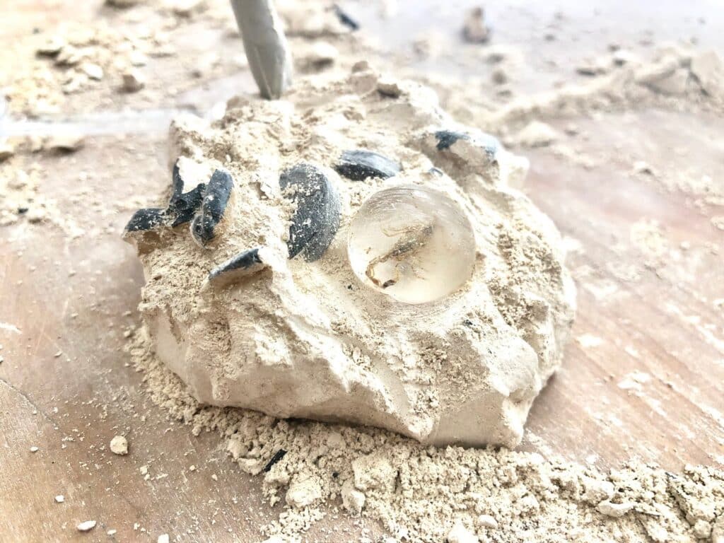 A pale, sandy block with black fossil-like shapes and a clear sphere embedded in it sits on a wooden surface, surrounded by scattered dust and debris—an exciting National Geographic STEM Dig Kit ready for discovery.
