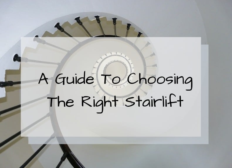 A spiral staircase viewed from above with the text "A Stairlift Guide: Choosing the Right Stairlift" overlaid in black, playful font on a translucent white background.