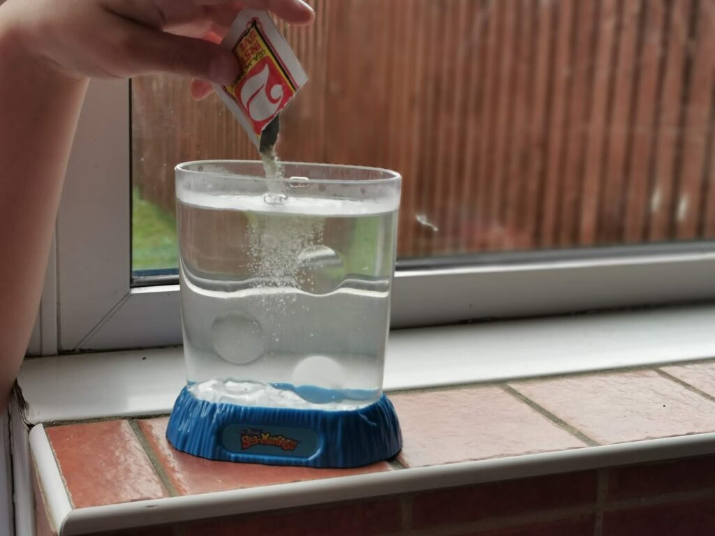 A hand pours powder from a small packet into a clear plastic tank of water labelled “Sea Monkeys,” evoking the curiosity found in Bandai STEM Kits, as sunlight streams through the window and a wooden fence stands outside.