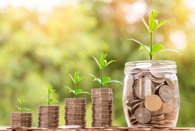 Stacks of coins arranged in ascending order, each topped with a small green plant, with the largest stack in a glass jar filled with coins and a healthy plant, symbolising family savings and financial growth.