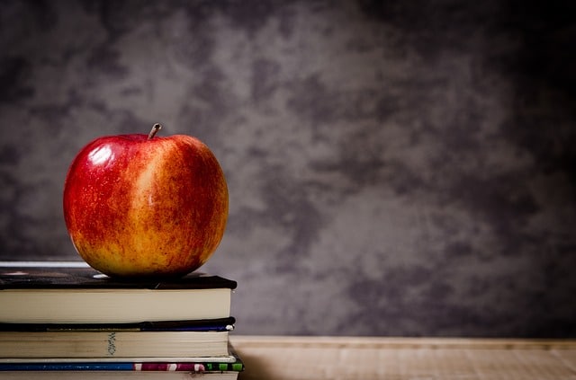 A red and yellow apple, known for being one of the best budget-friendly foods, sits on top of a small stack of closed books on a wooden surface, with a grey, textured background behind them.