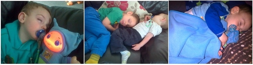Three images of a young child asleep: first, cuddling a glowing toy; second, lying back-to-back with another child on a sofa; third, snuggled under a blue blanket with a dummy—perfect moments capturing restful sleep support.