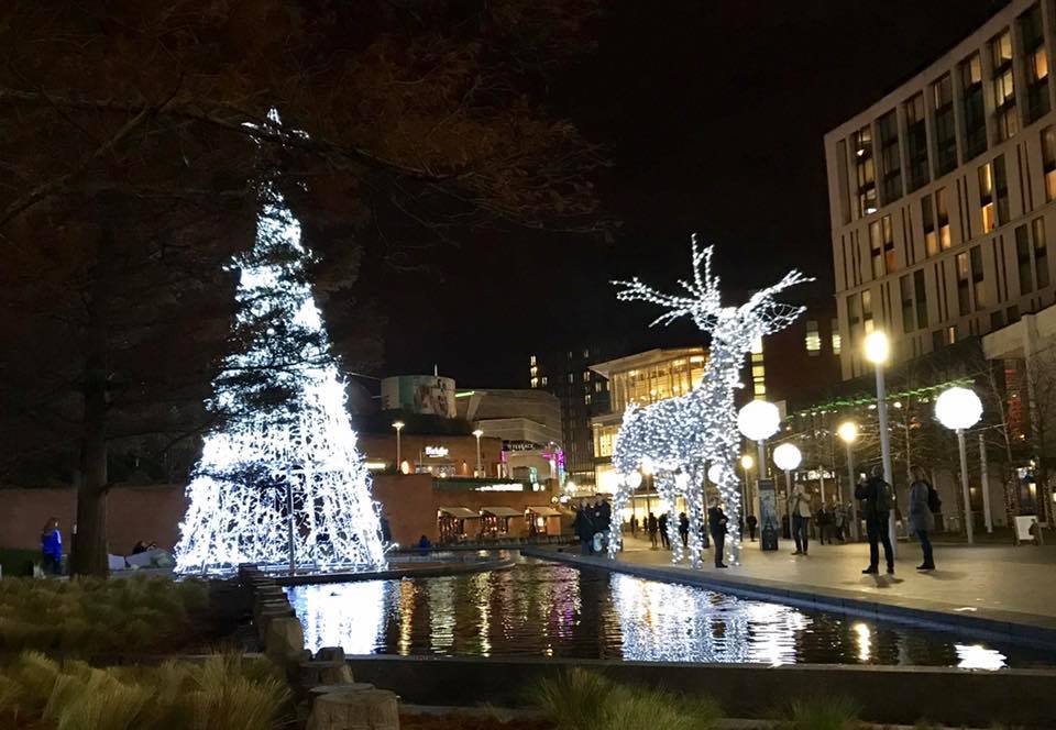 A brightly lit Christmas tree and a large illuminated reindeer sculpture stand beside a reflective pool in an urban plaza at night, capturing the festive season spirit as people travel home or away amid modern buildings in the background.
