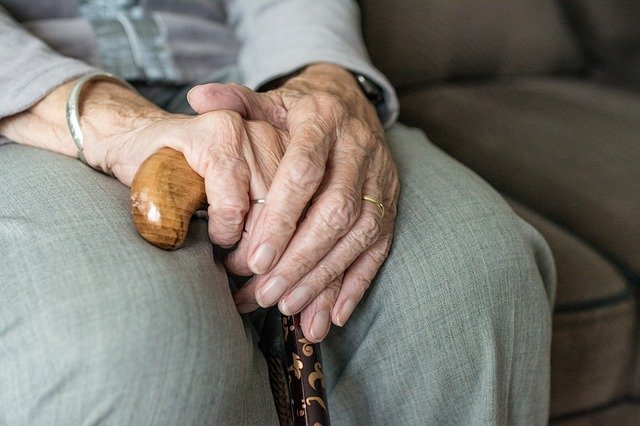 Close-up of an elderly relative's hands resting on a wooden walking stick, one hand gently clasping the other, seated on a sofa and wearing light-coloured clothes.