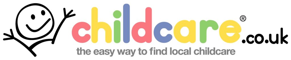 A logo with a smiling stick-figure child and the text "childcare.co.uk" in colourful letters, followed by "the easy way to find childcare near you" in grey font.