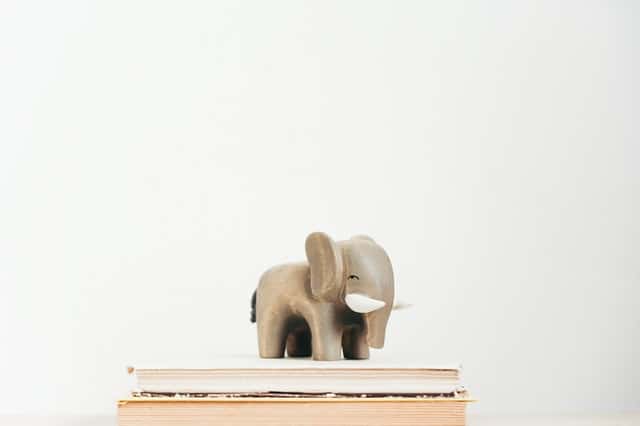 A small, grey elephant figurine stands on top of a closed book with a neutral, light background—perfect for illustrating the concept of using animals in home education.