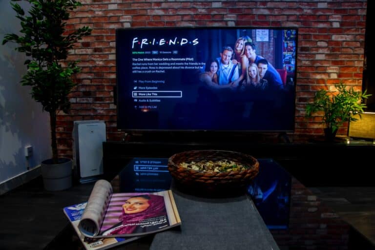 A TV displays the Netflix show "Friends" on a brick wall background. In front, a coffee table holds a magazine, a rolled paper, and a decorative bowl with leaves—perfect for cosy lockdown fashion moments. A plant and electronic device are nearby.