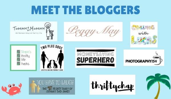 A collage with the title “Meet the Bloggers” showcases various blog logos, plus a chance to win garden furniture. Featured bloggers include Tummy2Mummy, Peggy May, Smiles with L, Slap’s Thrifty Life Hacks, and others.