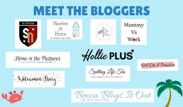A collage titled "Meet the Bloggers" features various blog logos and names, such as So Nostalgic, Hawkes At Home, and more, on a blue background with a cartoon crab and palm tree—perfect inspiration for your next Win Garden Furniture competition.