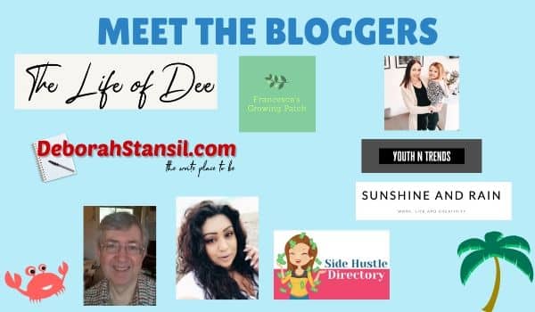 A collage titled "Meet the Bloggers" features various blog logos, headshots of two women and one man, a crab, a palm tree, and tropical design elements on a light blue background—perfect inspiration to win garden furniture like a stylish rattan garden suite.