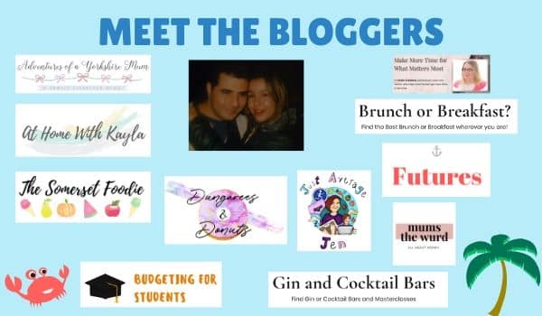 A collage titled "Meet the Bloggers" features a central photo of a couple surrounded by colourful blog logos on topics like food, budgeting, cocktails, and parenting. At the bottom, a crab, palm trees, and a stylish rattan-effect garden furniture set appear.