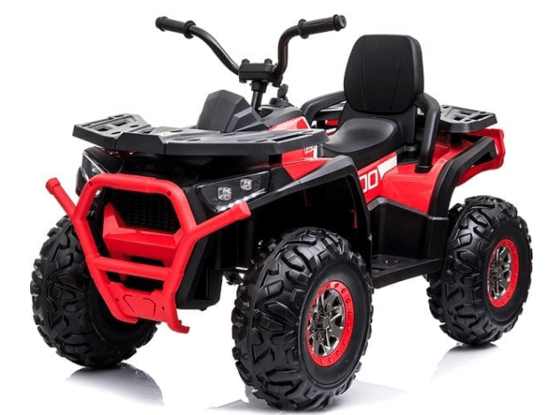 A red and black four-wheeled kids’ ride-on quad bike with large rugged tyres, a black seat, and handlebars—perfect for children who love ride-on bikes and want a fun miniature off-road vehicle experience.