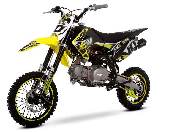 A yellow and black dirt bike with off-road tyres, visible engine, and number decals on the side—perfect for bikes for children—shown on a white background.