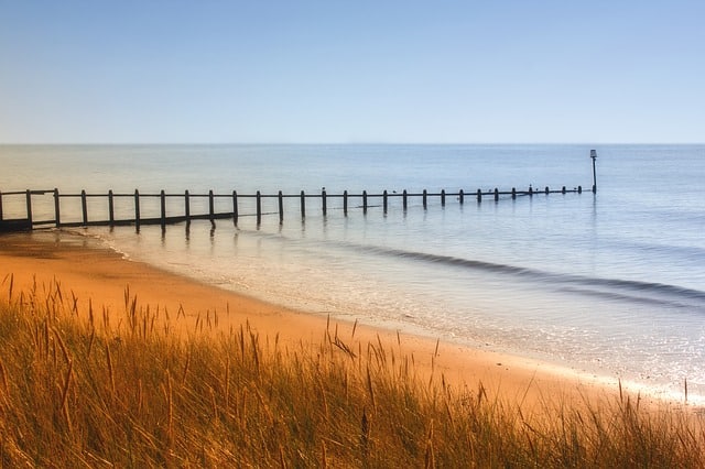 Golden beach with tall grass in the foreground, gentle waves, and a wooden groyne stretching into calm blue water under a clear sky—an idyllic scene that makes one wonder: has the pandemic made the UK fall back in love with tradition?.
