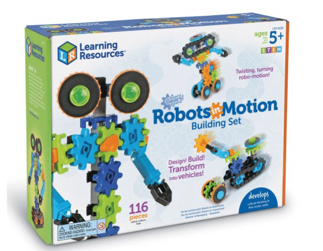 A box of the “Robots in Motion Building Set” by Learning Resources, featuring colourful gears and robot models. This children’s toy set for ages 5+ includes 116 pieces to inspire cognitive development through building and transforming robots.
