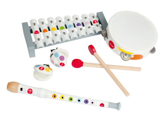 A set of colourful educational toys featuring a xylophone, tambourine, mallets, maracas, and recorder—all designed to spark cognitive development and labelled for easy learning on a bright white background.