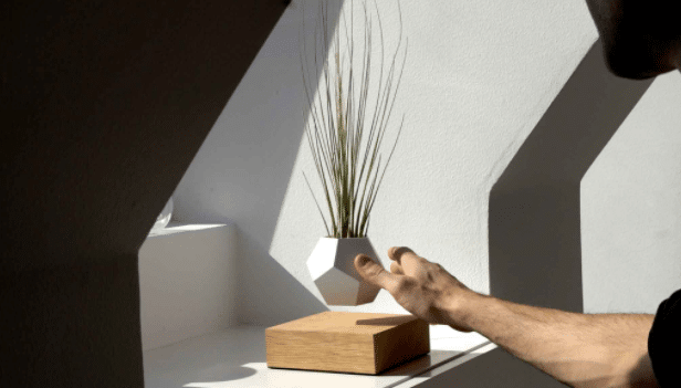 A hand reaches towards a geometric white planter with tall grass, levitating above a wooden base on a sunlit windowsill—a striking example of levitating décor that hints at the future of interior design. Shadows create dramatic lines on the wall.