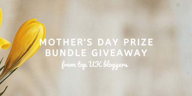 Yellow flower on the left and beige background with text: "Mother’s Day Prize Bundle Giveaway from top UK Bloggers.