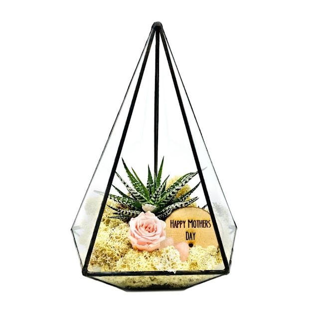A geometric glass terrarium contains a succulent, a pink rose, yellow moss, and a small wooden sign that reads "HAPPY MOTHER'S DAY"—a perfect Mother's Day gift idea featured in many UK bloggers’ prize bundle selections.