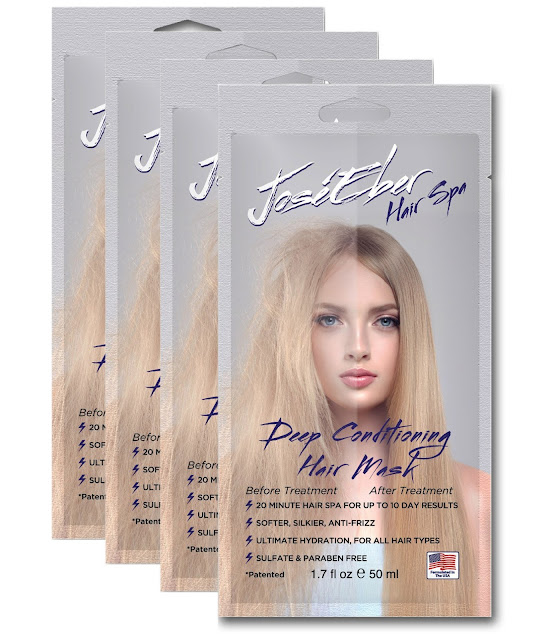 Four sachets of Josie Eber Hair Spa Deep Conditioning Hair Masque are shown—an ideal Mother’s Day treat or addition to a prize bundle. Each sachet features a woman with long, straight blonde hair and highlights softness, anti-frizz, and sulphate-free formula.