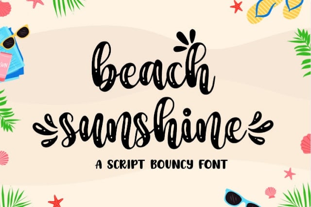 Playful text reads "beach sunshine" in a curly script font with decorative swashes, and "a script bouncy font" below. The background features sunglasses, palm leaves, flowers, and summer party-themed items.
