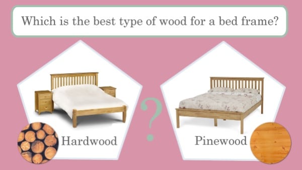 Illustration comparing two bed frames—one of hardwood, one of pinewood—showing their textures. Text at the top asks, "Which is the best wood for bed frame?" on a pink background. Perfect for deciding the best type of wood for bed frame use.
