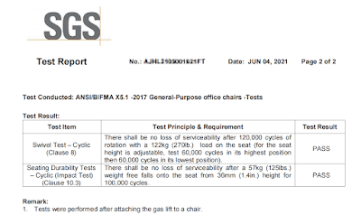 A test report from SGS dated 4 June 2021 shows results for general-purpose office chair tests. Both the swivel test and seating durability test for a height-adjustable bar stool have been marked as “PASS.”.