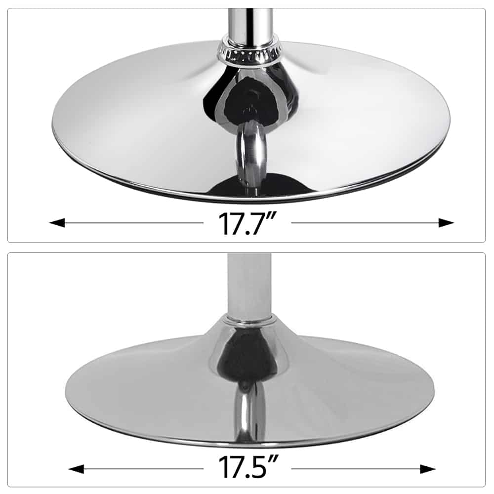 Two chrome bases for stools are shown side by side. The top base measures 45 cm in diameter, and the bottom 44.5 cm; both have reflective surfaces and central support columns for a safe bar stool experience.