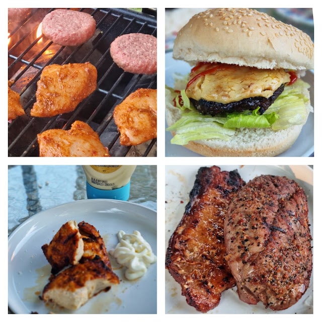 A collage of four photos from Jack's Supermarket: raw chicken and burger patties on a grill, a burger with lettuce and grilled pineapple, sliced grilled chicken with mayonnaise, and two grilled steaks—perfect for your End of Term celebration.